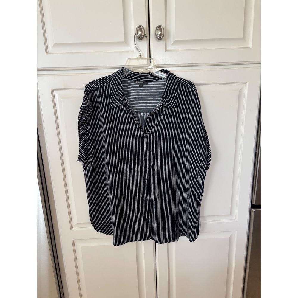 Adrianna Papell Womens XL Navy Blue White Pinstripe Button Down Cap Sleeve Blous